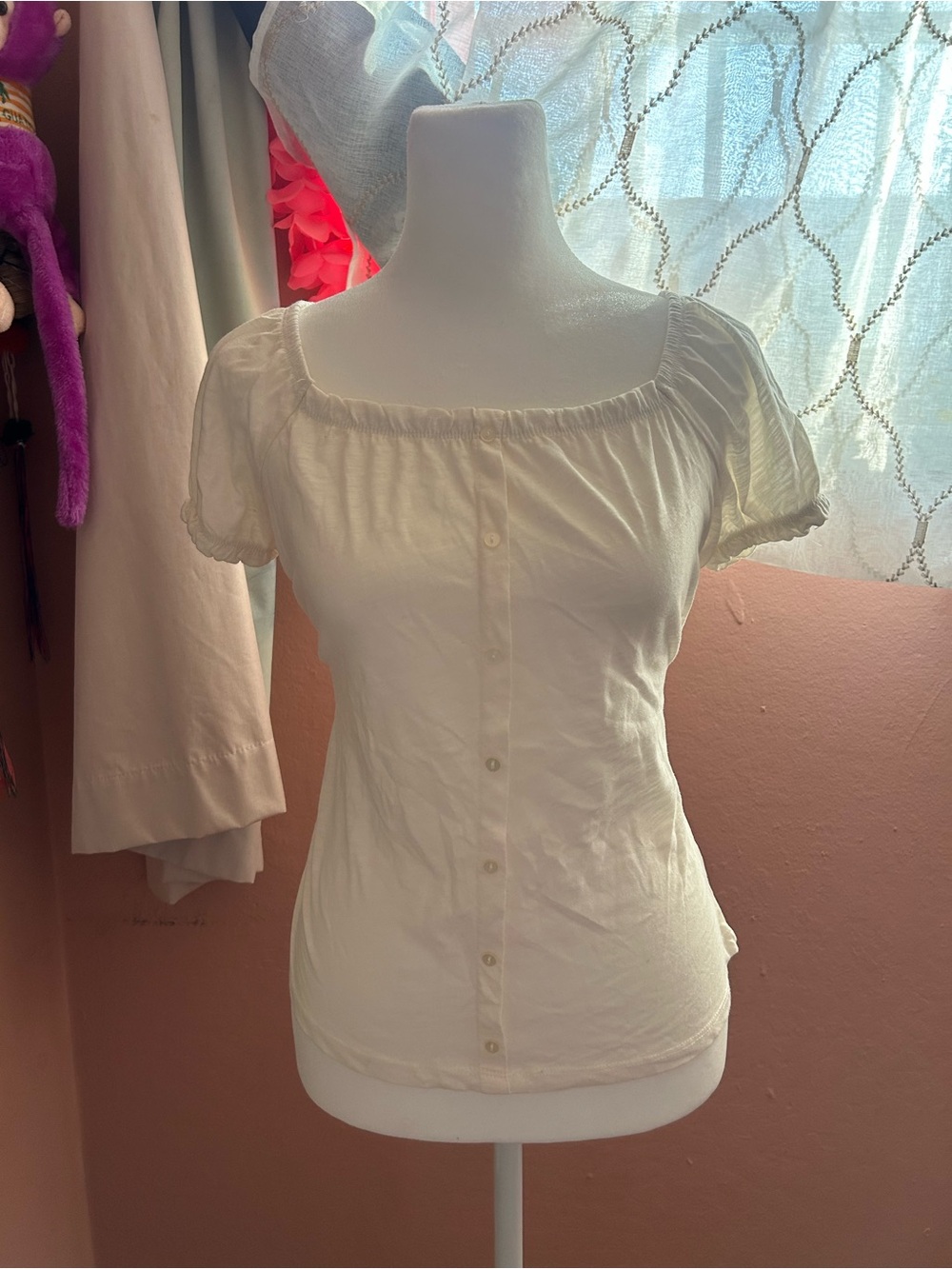 SO Cream Square-Neck Button Front Puff Sleeve Top
